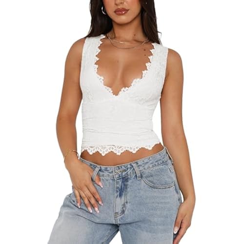 REORIA Womens Sexy V-Neck Sleeveless Double Lined Going Out Y2K Trendy Lace Cropped Tank Tops