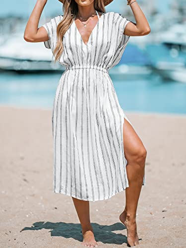 CUPSHE Women's Midi Beach Cover Up Dress V Neck Short Sleeve Striped Bathing Suit Coverups XS-XXL White, M - Image 3