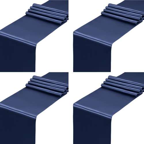 SiinvdaBZX 4 Pcs Navy Blue Satin Table Runner 12 x 108 inches Long, Bright Smooth Satin Wedding Table Runner Decorations for Birthday Parties, Buffet, Banquets, Graduations, Engagements