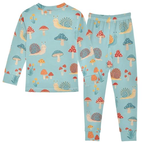 Pajama Sets Long Sleeve Snails Mushrooms Flowers on Blue Soft Comfy Sleepwear 2 Piece PJS 3-8T3