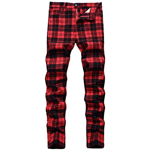 NOVOCCT Pantalon à carreaux pour homme – Pantalon habillé skinny pour homme – Coupe ajustée et extensible – Chino décontracté pour homme, Plaid noir et rouge., 28