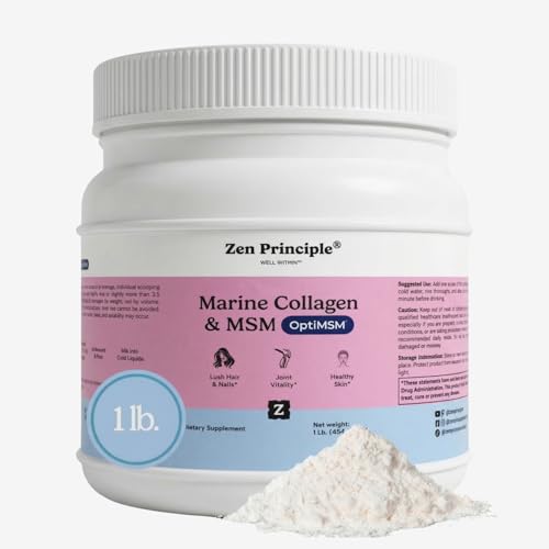 Zen Principle Hydrolyzed Marine Collagen Peptides Powder with OptiMSM® Supplement. Clinically Tested for Skin Support. Wild-Caught Fish, Non-GMO. Container 16 oz