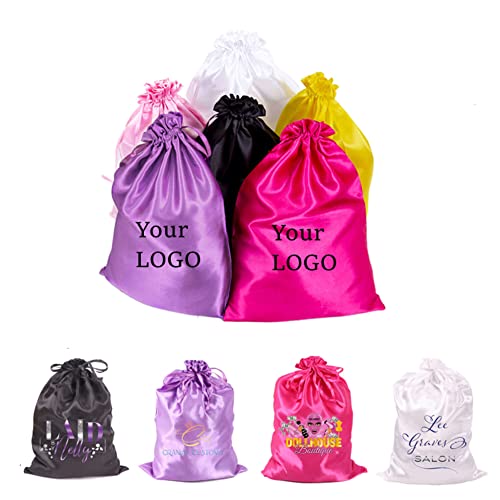 Custom Personalized Satin Hair Bag, Customize Your Own Logo Image Design Silk Gift Drawstring Bags for Wedding Party Christmas (20 Pcs/Lot, Black)