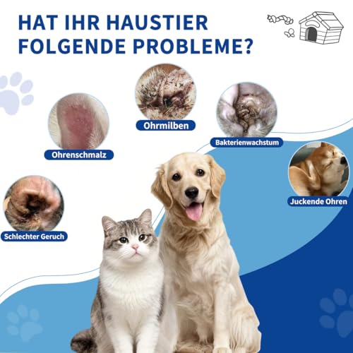 Ohrenreiniger hund Ohrenpflege für Hunde 60ml Ohrenreiniger stoppen Ohren Entzündungen und Juckreiz, Haustier Ohrreiniger für Hunde und Katzen, Hundeohrreinigungslösung, Schmutz, Geruchsentferner