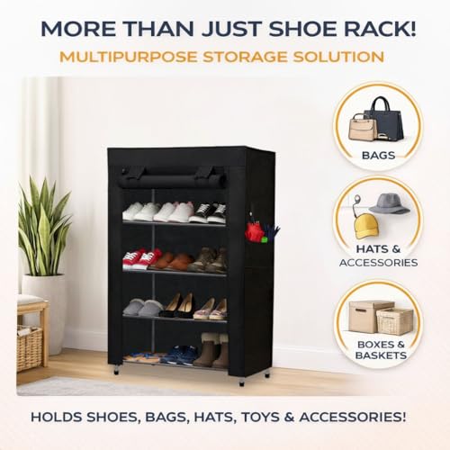 Image of 4 Tier Covered Shoe Rack for Home | Metal Shoe Storage Organizer with Dustproof Cover | Multi Layer Footwear Stand for Closet, Entryway, Bedroom & Office | Black
