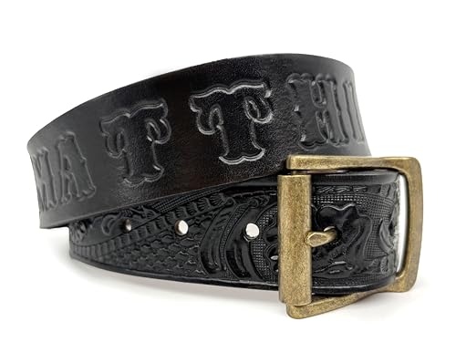 LIBRARY BY DESIGN Father's Day Gift - Handmade Tooled Leather Belt with Personalized Custom Name in Black - Free Personalization - Western Personalized Gift for Him or Her, Men or Women