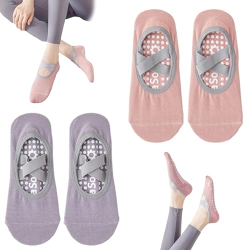 HQRKOTM 2 Paar Pilates Socken Damen für Tanz, Ballett, Fitness, Größe 35-40 EU, Rosa/Lila