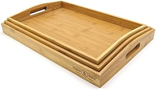 Bamboo Serving Trays - Set of 3 | Wooden Platters | Raised Edges & Lightweight | Perfect for Breakfast in Bed & Tea | Board with Handles | M&W