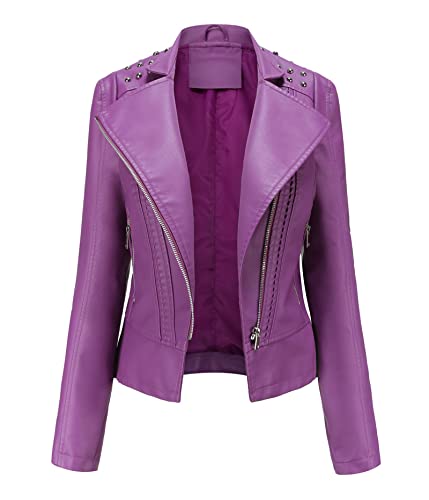 NJNJGO Jaqueta feminina de couro sintético, casaco assimétrico para motocicleta, com zíper, Violeta,