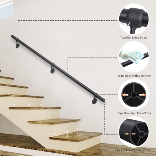 SDNBHT 6.6ft Stair Railing Indoor Metal Hand Rails for Indoor Stairs 1.5" Pipe Stair Handrail Aluminum Wall Mounted Indoor/Outdoor Handrail for Steps Black Industrial Handrail for Stairs by SDNBHT - Image 3