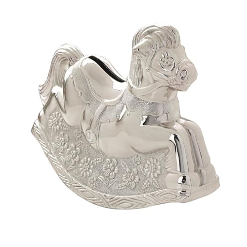 Image of Silver Plated Rocking Horse Money Box - Bambino Christening Gift Piggy Bank - Baby Shower Keepsake Gift Kids Savings - Football Present Girls Boys First Birthday Baptism