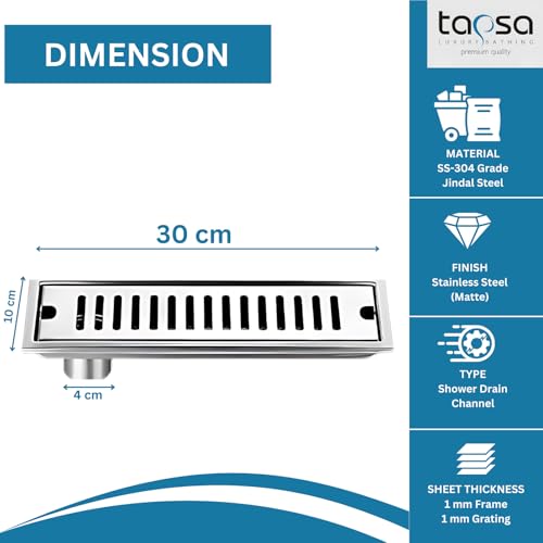 Image of Tapsa Wave Floor Drain Channel Chrome| 304 Stainless Steel | Invisible Shower Drain Channel | 12 x 4 Inches | Waste Water Floor Drain for 30x10 mm Tile | Drainer Channel | Anti Cockroach Trap | Silver
