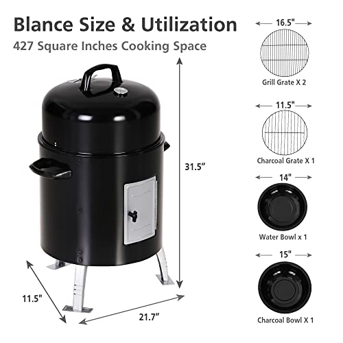 Sophia & William 17" Vertical Charcoal Smoker Grills with Two-Tier Grates, Heavy-Duty Integral Chamber and Tunnel Ventilation System for BBQ, Patio, Outdoor Camping(Black)