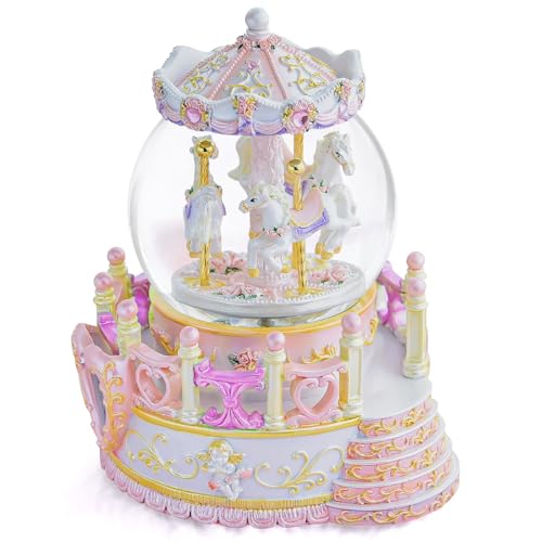 MS. WENNY Karussell-Schneekugel-Spieluhr, personalisierbarer Bilderrahmen, Muttertags-Geburtstagsgeschenk, Geschenk für Ehefrau, Freundin, Tochter, Mutter, Spieluhr mit Lichtern, Schloss im Himmel