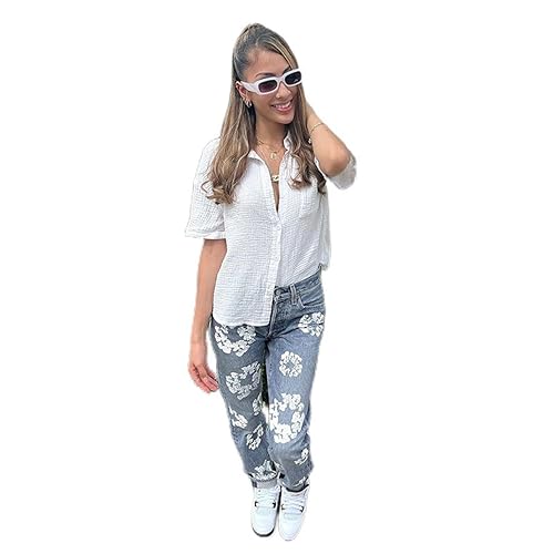 Women's White Floral Printed Jeans, High Waisted Straight Leg Denim Pants2