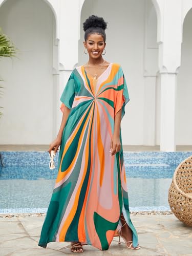 Image of sunforyou Kaftan Dresses for Women Plus Size Lightweight Swimsuit Cover up Batwing Sleeve Print Loungewear Beach Robe
