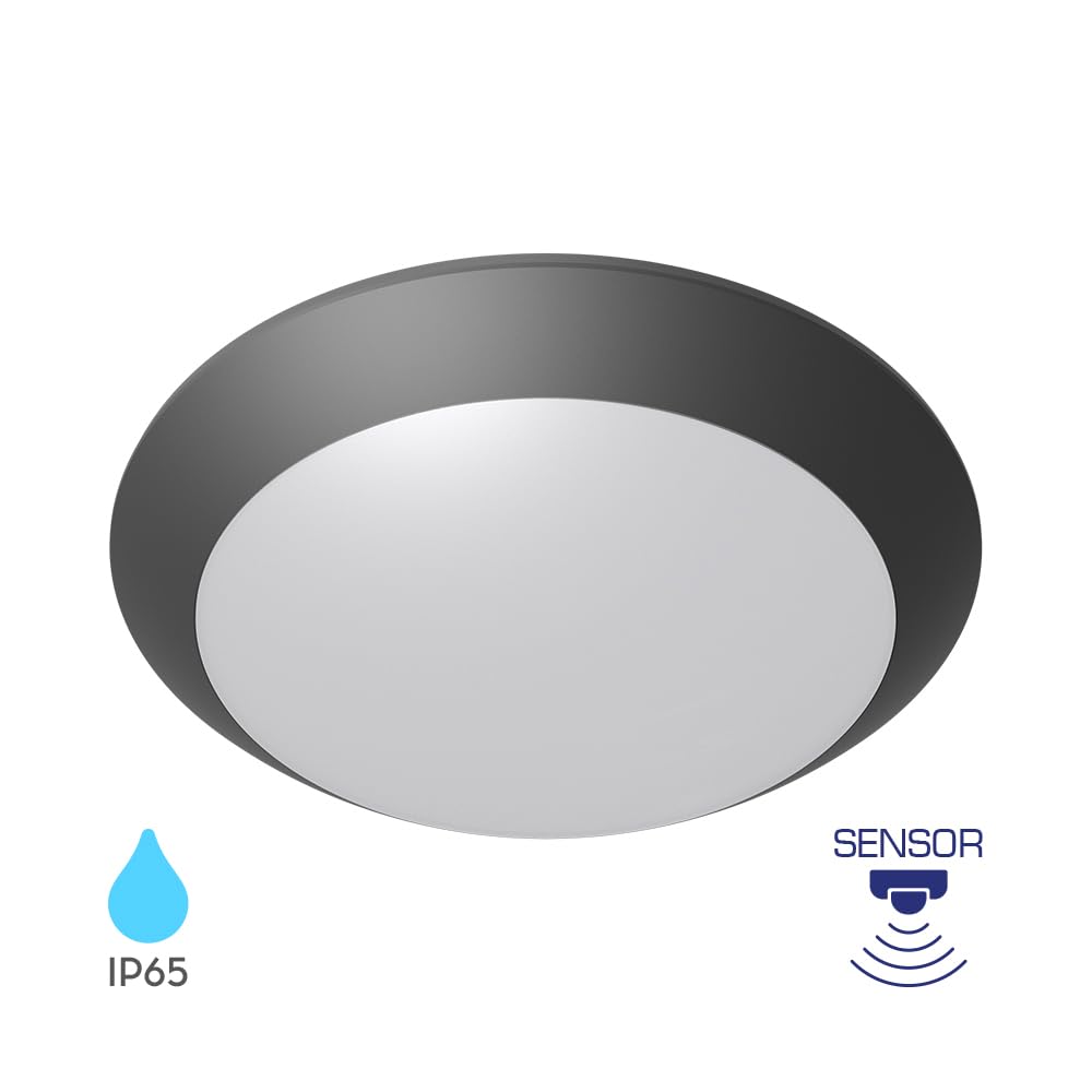 Braytron Außen Deckenleuchte IP65 Ø265mm – E27 Fassung max.23W – Runde Feuchtraumlampe mit Bewegungsmelder (Microwave Sensor) für Bad, Keller, Garage & Balkon (Anthrazit)