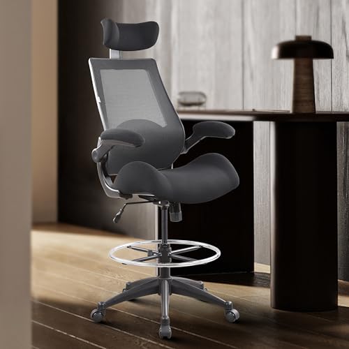 Image of BOLISS Drafting Chair Tall Office Chair with Flip-up Armrests Executive Ergonomic Computer Standing Desk Chair with Lumbar Support and Adjustable Big Footrest Ring (Black)