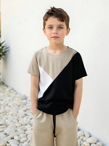 Image of Ayzozuy Boy Clothes Colorblock Top + Drawstring Waist Shorts 2 Pieces Kid Summer Outfits Set