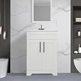 CECQA 24” Bathroom Vanity with White Engineered Marble Stone 3 Pre-Drilled Hole Vanity Top, Modern White Freestanding Bathroom Cabinet