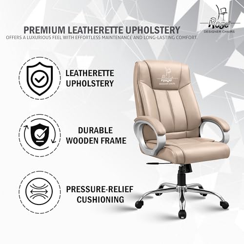 Image of ROSE Kyoto Orthopedic Boss Chair with 3 Years Brand Warranty, Ergonomic Executive Chair Seat, Metallic Base | High Back (Tan, Leatherette)