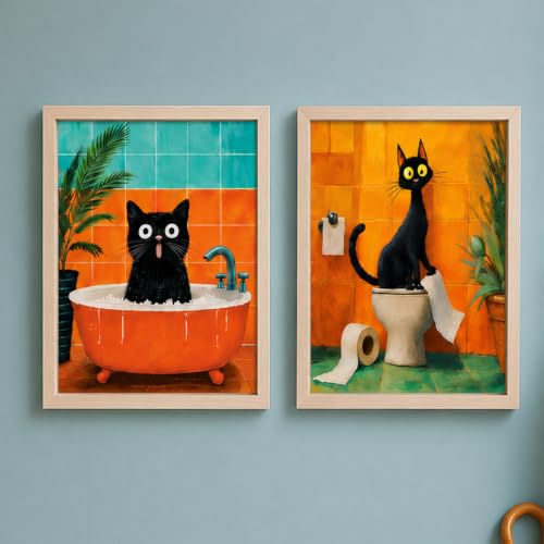 Image of PAINTINGMANTRA Quirky Black Cat Bathroom Wall Art Painting For Living Room, Whimsical Bathtub Framed Painting, Cute Aesthetic Cat Framed Wall Art for Bathroom, Restroom & Washroom Decor, 9x13 Inch