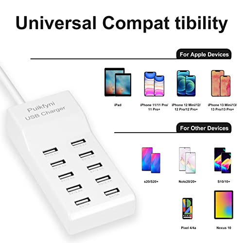Puikfni USB Charger Station with 10 Type-A Ports,Family-Sized Desktop USB Charger，Smart USB Charger for Multiple Devices Smart Phone Tablet Watches (White) — view 3