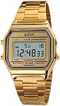 Gold Digital Watch Mens Womens Water Resistant Stainless Steel Band Electronic Square LED Back Light Wristwatch 1123