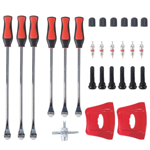 Image of 14.5 inch&11.5 inch Steel Tire Spoons Tool Set, 28Pcs Tire Changing Tools, Motorcycle Tire Changer, Dirt Bike Tire Levers, 6 * Tire Spoons, 1 * Valve Removal Tool etc. (Red-27Pcs)