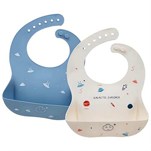 Image of Little Dimsum Silicone Baby Bibs Soft Comfortable Baby Food Bibs Waterproof Feeding Bibs Toddlers Adjustable Silicone Bibs Baby with Food Catcher Easy Wipes Clean,Glatic&spaceship