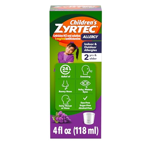 Image of Children's Zyrtec 24 Hour Allergy Relief Syrup, 5 mg Cetirizine Hydrochloride Antihistamine, Kids Allergy Medicine for Indoor & Outdoor Allergy Relief, Dye- & Sugar-Free, Grape, 4 fl. oz
