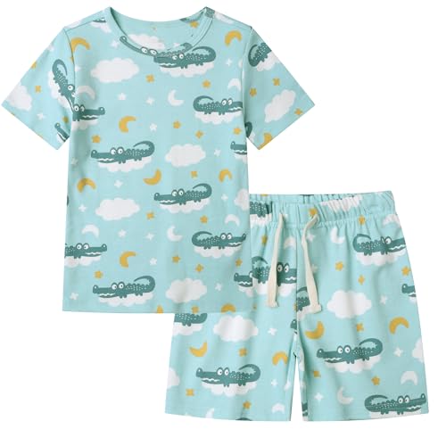 Owlivia 100% Organic Cotton Baby Boys Short Sleeve Pajama Sets, Toddler Boy 2-Piece Sleepwear(4-5T, Crocodile)