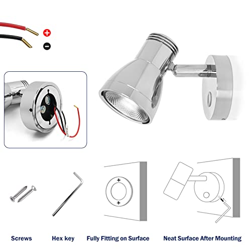 THALASSA 3W RV Stepless Dimmable Reading Light for Boat 12V Interior Lights Camper Caravan Vehicle Motorhome Bedside Lamp DC 10-30V Warm White, Polished Chrome, with Built-in Touch Switch
