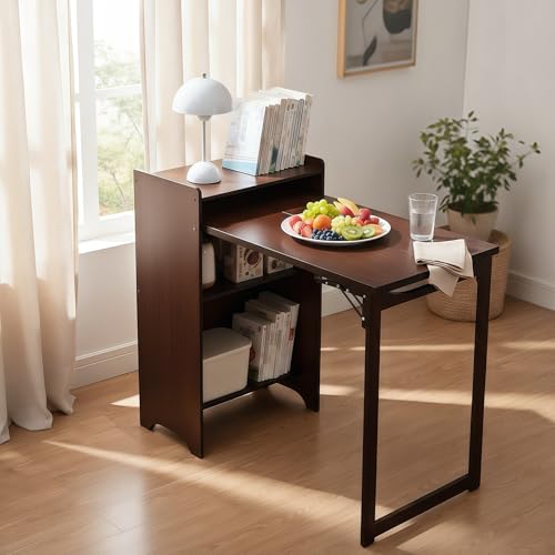 Image of Walnut Foldable Office Desk, Fold Out Convertible Hidden Computer Desk with Storage Shelves, Multi-Function Folding Murphy Writing Table for for Small Spaces, Home Office