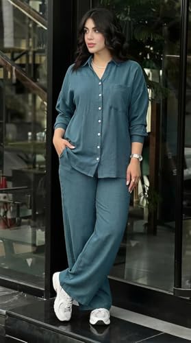 Image of Women's Solid Color Two-Piece Set | Long Sleeve Top & Wide Leg Pants Co-ord Set | Casual Wear Co ord Set