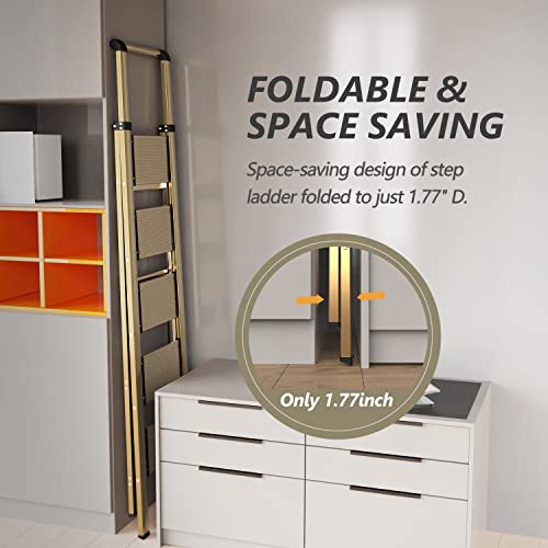 5 Step Ladder, Folding Step Stool, Lightweight Aluminum Foldable Ladder With Anti-Slip Wide Sturdy Pedal And Handgrip, Multi-Use For Home, Library, Office, Garage (330 Lbs Capacity) - Brown Gold #TOP3