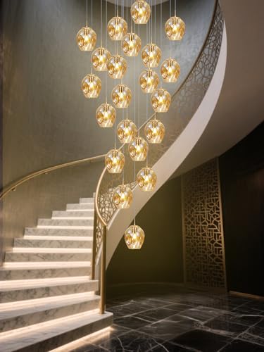 Kinbolas Moderne Escalier Suspendu Lustre,Plafonnier Lustre Verre Boule Suspension,Lampe Led,Grand Multi Ampoule Luminaire Suspendu Pour Salon,Cage...