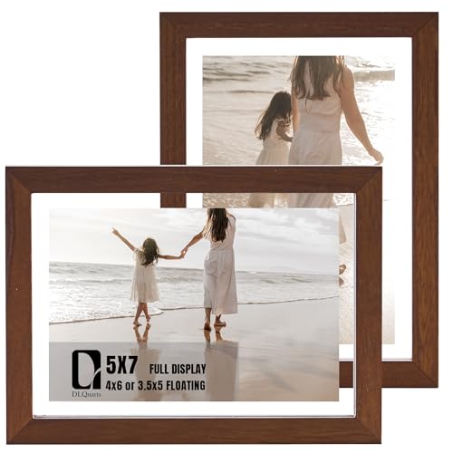 DLQuarts 5x7 Floating Picture Frames for 4x6/3.5x5 Photos 2-Pack Solid Wood Double Polished Glass Floating Frame for Wall & Tabletop Postcards and Any Size Photo up to 5x7 Display Black Walnut