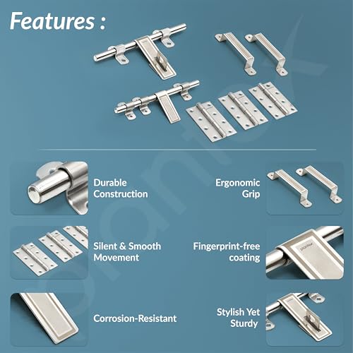 Image of Plantex Stainless Steel Door Kit for Bathroom /Door Hardware /Accessories /3 Hinges /10 inch Al-Drop /8 inch Latch /8 inch 2 Handles - Pack of 1 (APS-1320, Chrome)