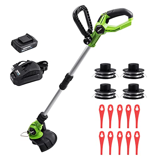 TODOCOPE 20V Cordless String Trimmer, 12-Inch Electric Weed Eater, 2Ah Battery and Quick Charger Weed Wacker, 4 pcs Spool Line & 10 pcs Plastic Cutters Blades Grass Trimmer, Green, (TDC-CST20)