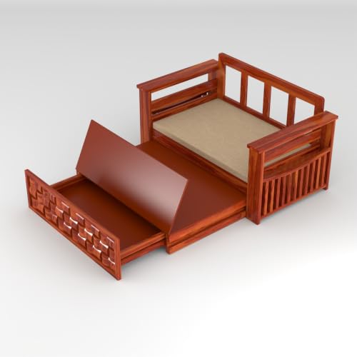 Image of Solid Sheesham Wood Sofa Cums Bed with Mattress & Storage | Rosewood Convertible Sofa Bed for Living Room & Bedroom (G-Honey, 2 Seater)