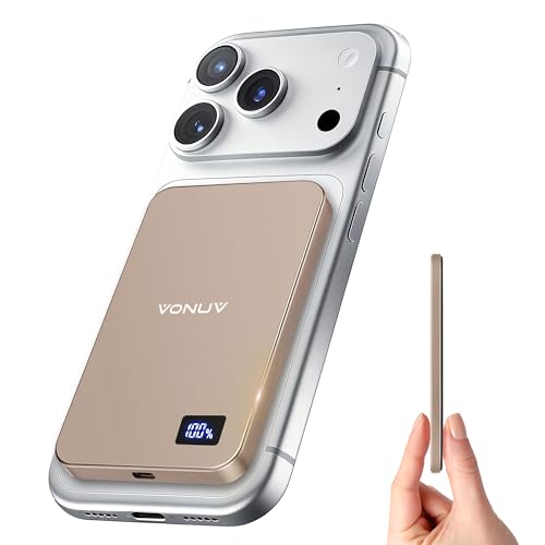 VONUV Magnetic Portable Charger 5000mAh, 15W Ultra Slim Wireless Portable Charger, Fast Charging for iPhone 16/15/14/13/12 Pro/Pro Max/Plus, Metal Shell, USB-C Cable to Charge Other Phones (Gold)