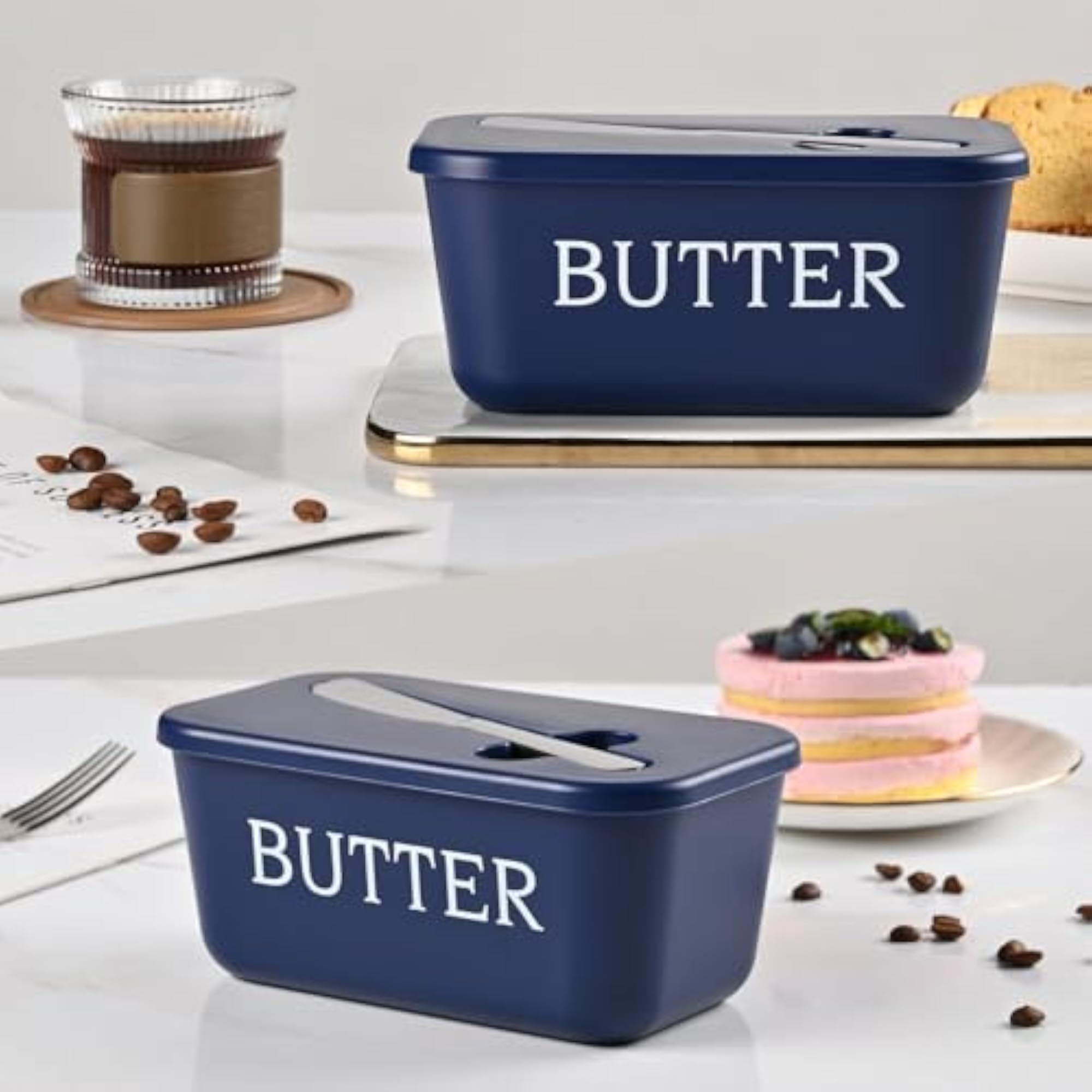 Large Plastic Butter Dish with Lid and Knife