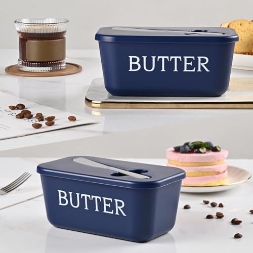 Image of Kyraton Large Plastic Butter Dish with Lid and Knife, Food Grade PP Butter Holder Keeper with Cover for Kitchen Refrigerator Butter Container (Blue)
