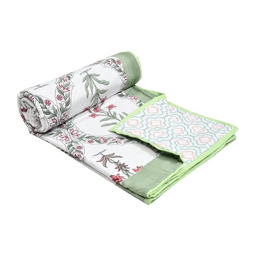 Image of BLOCKS OF INDIA Hand Block Printed Cotton Single Size Reversible Malmal Dohar for Summer (Green BEL)