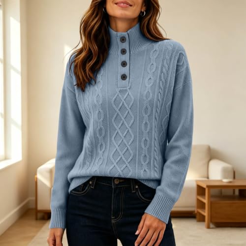 Sweaters for Women Mock Neck Cable Knit Pullover Button Collar Loose Fall - image 6