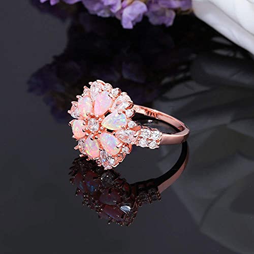 CiNily Opal Ring-14K Rose Gold Plated Pink Opal Cubic Zirconia CZ Ring Gemstone Ring for Women Size 5-124