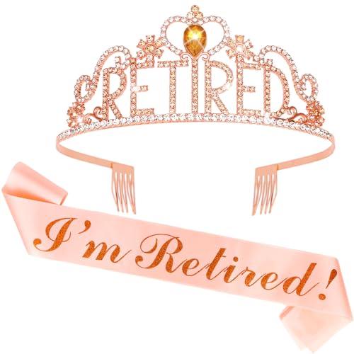 CAVETEE Retirement Crown for Women Rose Gold Tiara with Crystal & Rhinestone Satin Sash Party Accessory Women Retirees & Attendees