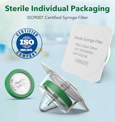 Image of FOUR E'S SCIENTIFIC Syringe Filter 50 Pack, Sterile PES Syringe Filter 33mm Membrane Diameter, 0.22μm Pore Size Syringe Lab Filter