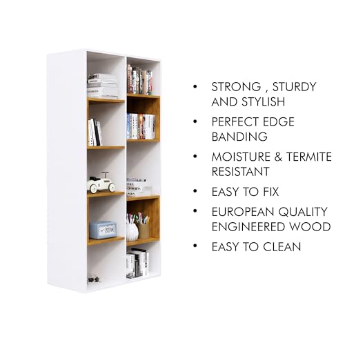 Image of Bniture 10 Tier Engineered Wood Open Book Shelf Wooden Bookshelf for Home, Kids Room & Study Room | Multipurpose Free Stand Corner Book Organizer for Library Room, Office | Frosty White & Giant Wood